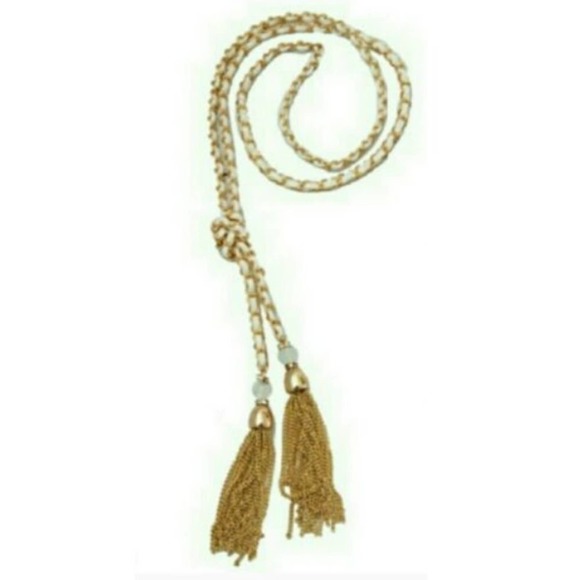 WHITE AND GOLD FAUX SUEDE TASSEL NECKLACE - Picture 1 of 2